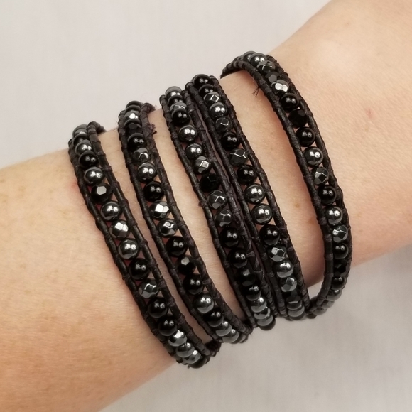 Wristy Wraps Jewelry - CLEARANCE Black Onyx and Hematite 5 Wrap Bracelet, Handmade